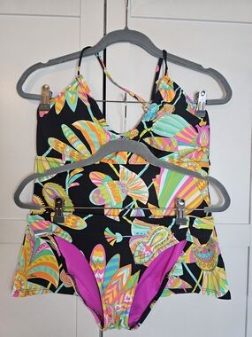Trina Turk Tahitian Floral Tankini Swimsuit Set 2pc V-Neck Halter Hipster 12
